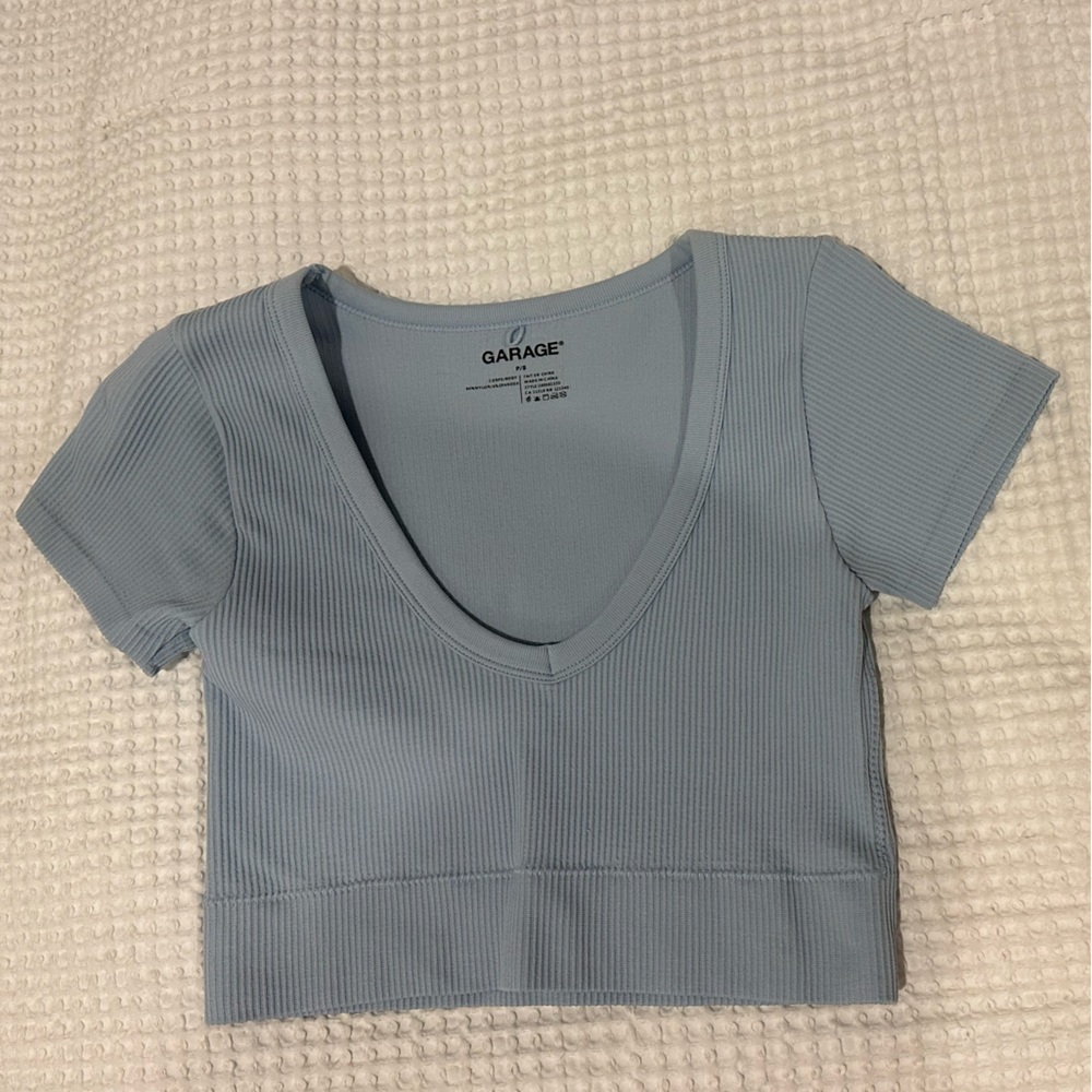 Garage Light Blue Ribbed V-Neck Crop Top